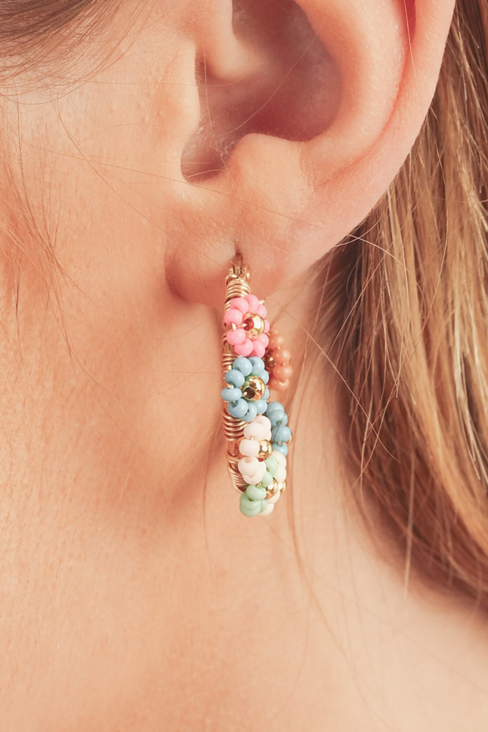 Pink Colorful Flower Hoop Earrings - Threaded Pear