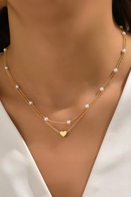 Heart and Pearl Detail 2pcs Layered Necklace - Threaded Pear