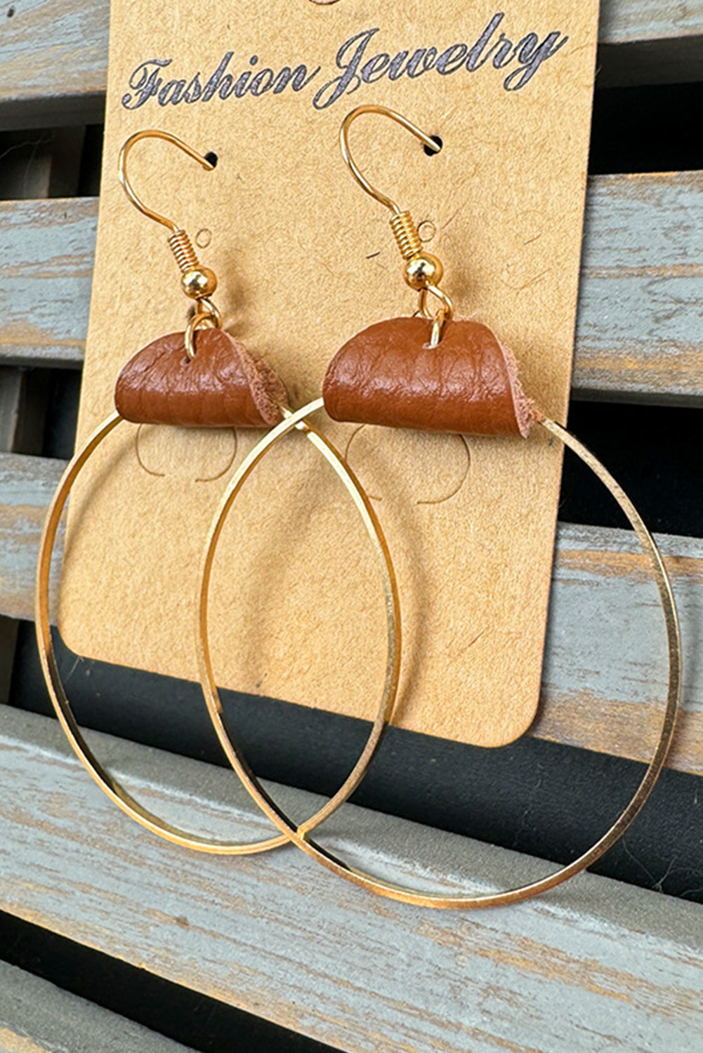 Gold Leather Hoop Earrings - Threaded Pear