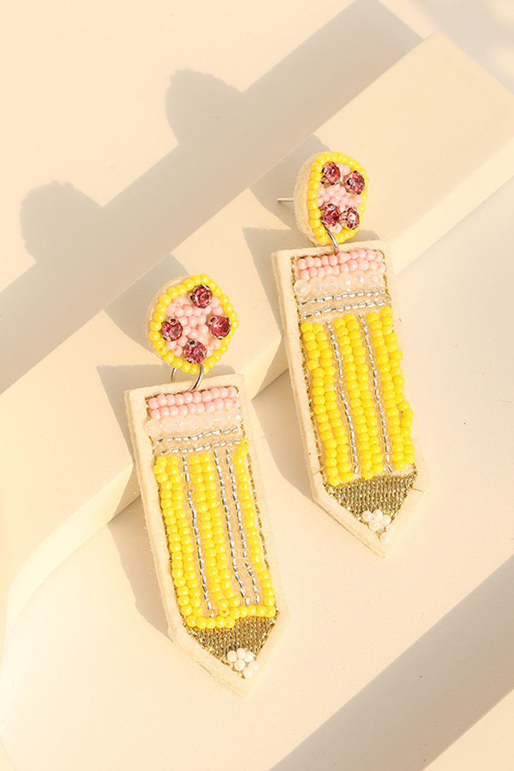 Yellow Teacher Pencil Earrings - Threaded Pear