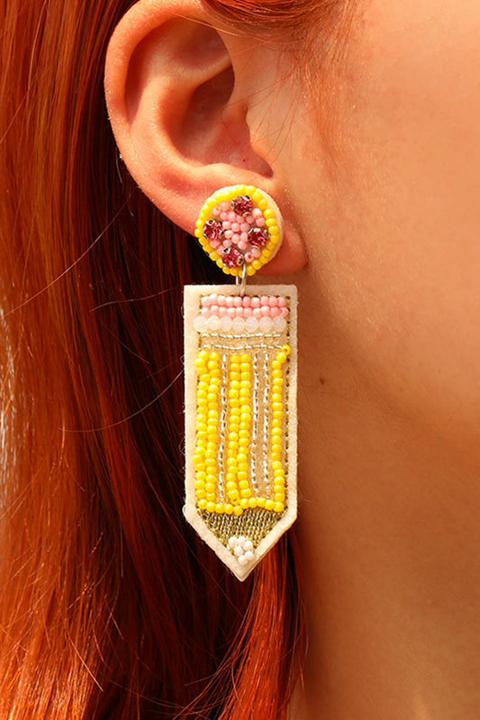 Yellow Teacher Pencil Earrings - Threaded Pear