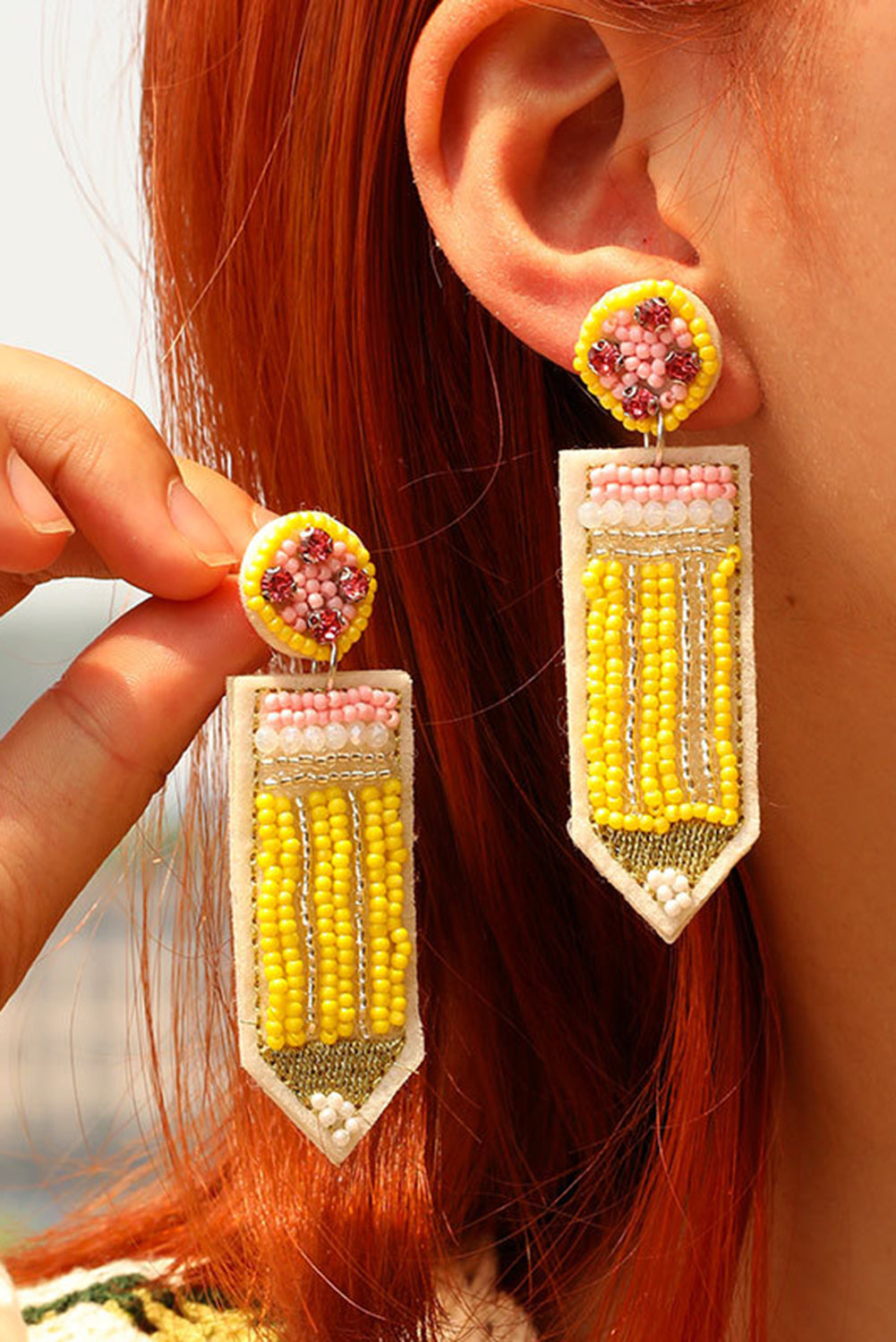 Yellow Teacher Pencil Earrings - Threaded Pear