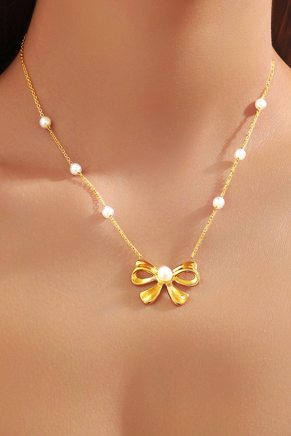 Gold Pearl Decor Plated Bow Knot Pendant Necklace - Threaded Pear