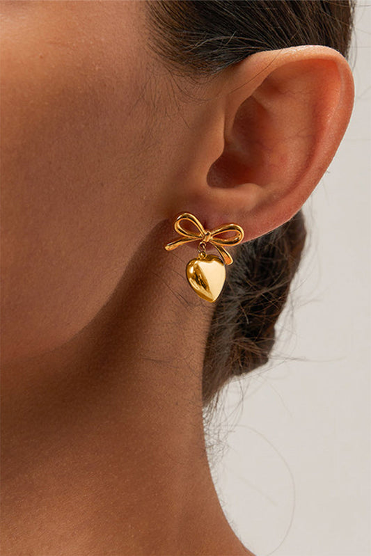 Gold Heart and Bow Studded Earrings - Threaded Pear