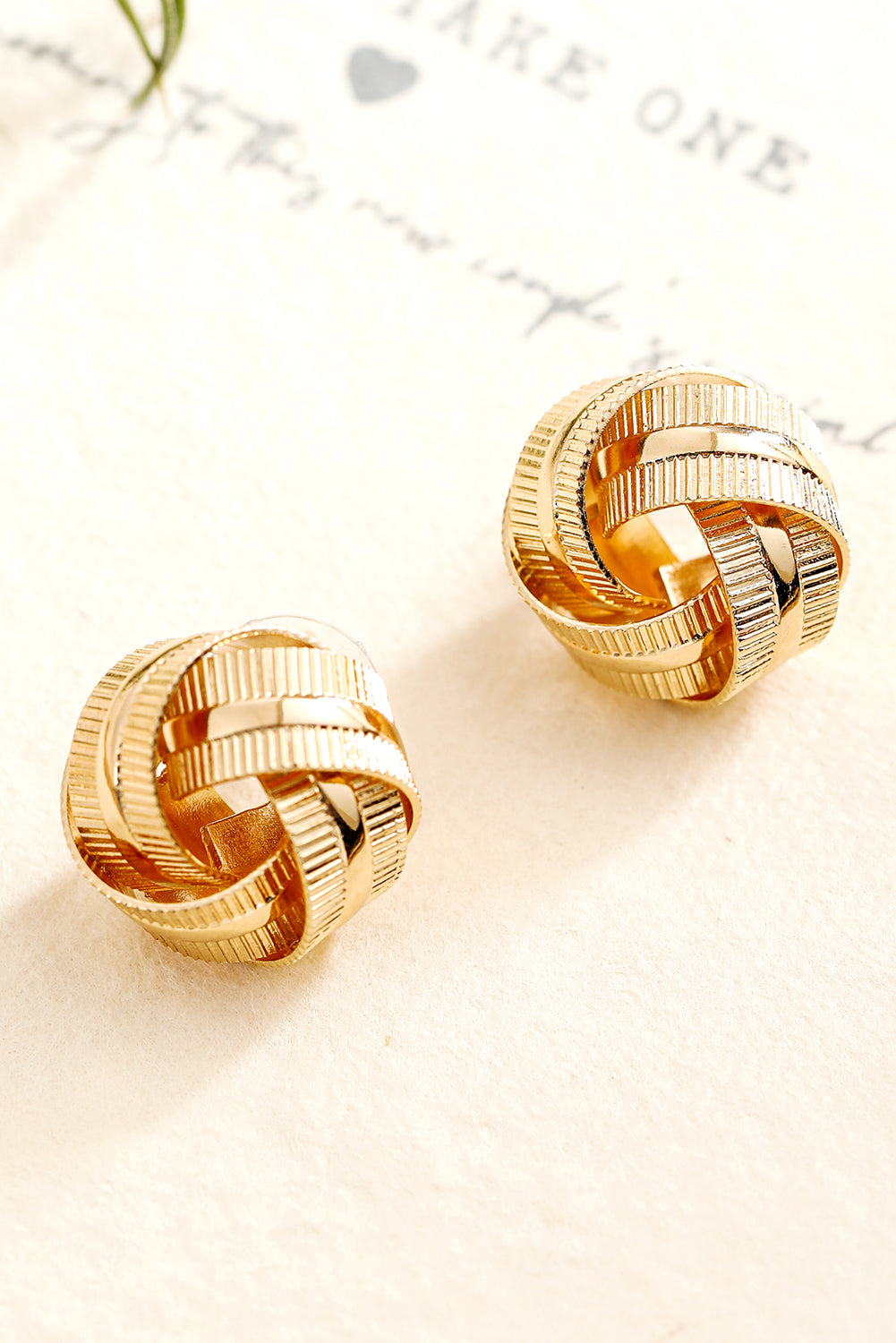 Gold Textured Knot Stud Earrings - Threaded Pear