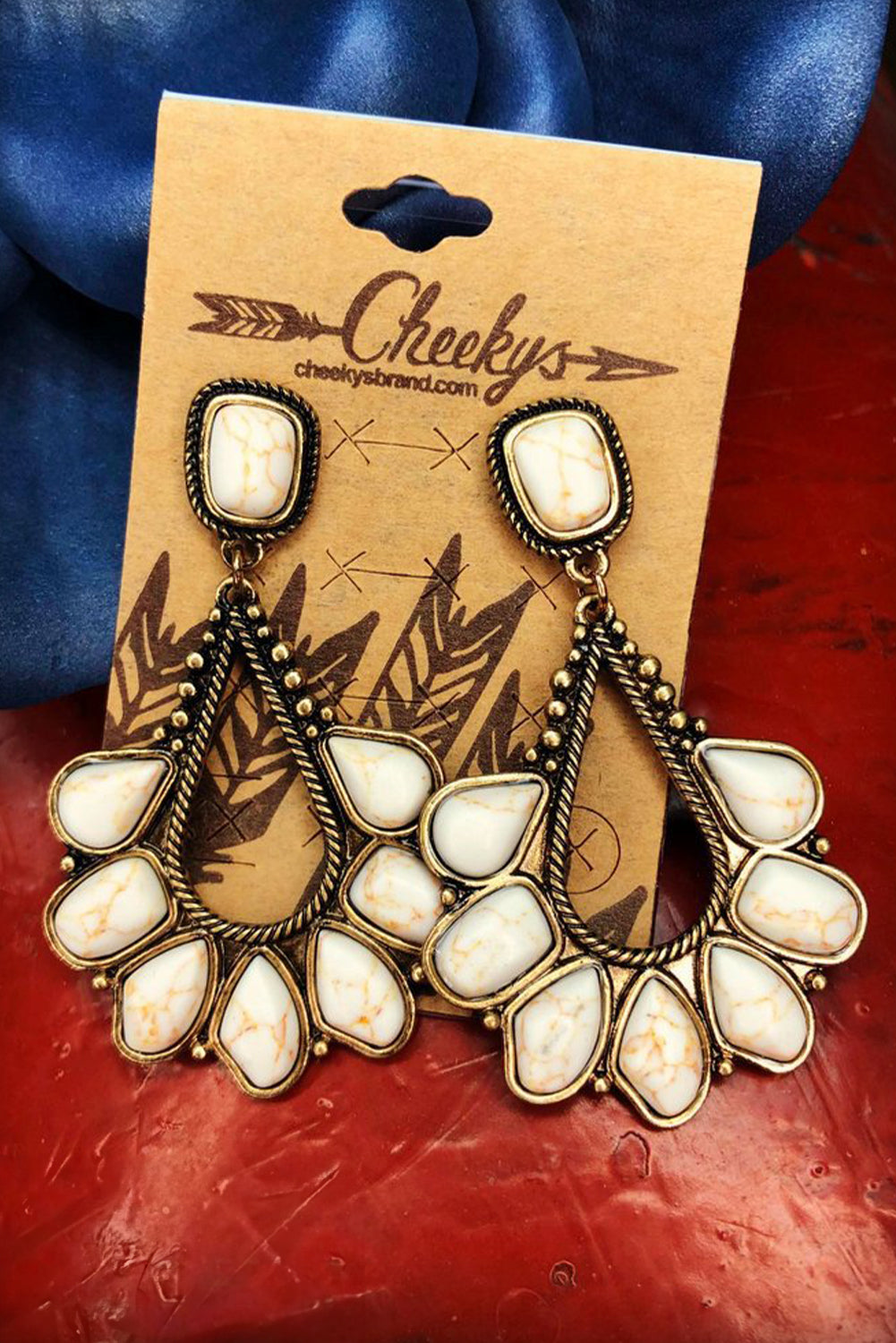 White Turquoise Inlay Cut Out Western Dangle Earrings - Threaded Pear