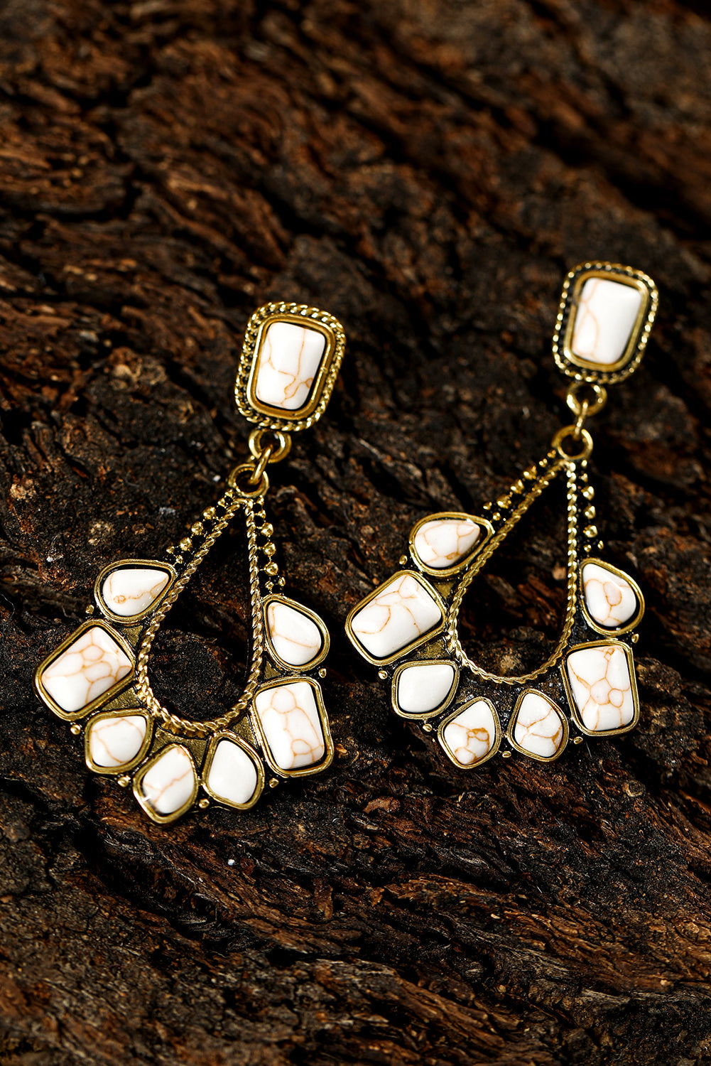 White Turquoise Inlay Cut Out Western Dangle Earrings - Threaded Pear