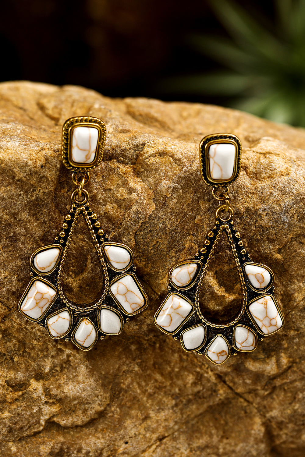 White Turquoise Inlay Cut Out Western Dangle Earrings - Threaded Pear