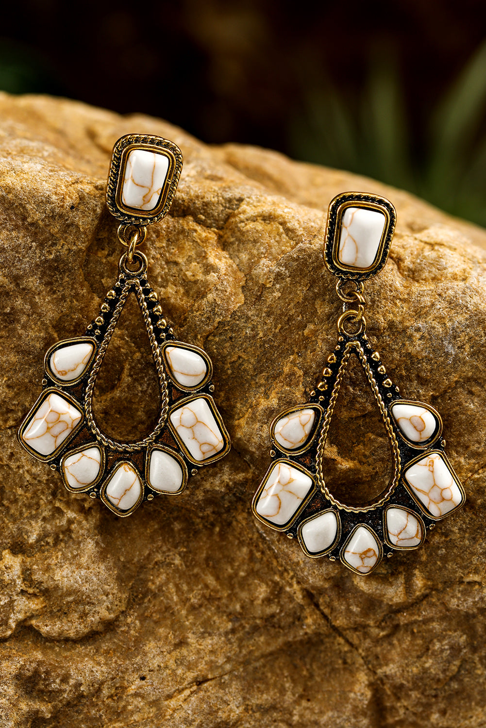 White Turquoise Inlay Cut Out Western Dangle Earrings - Threaded Pear
