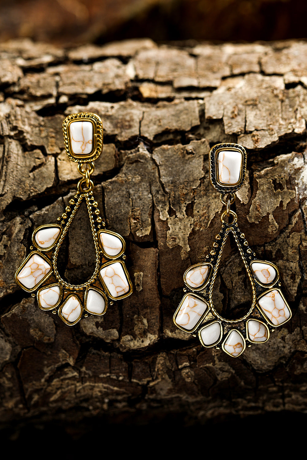 White Turquoise Inlay Cut Out Western Dangle Earrings - Threaded Pear