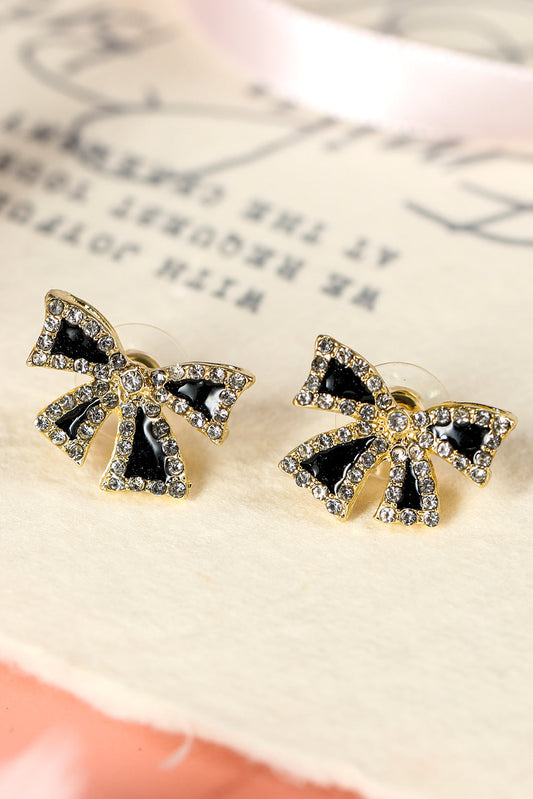 Black Rhinestone Bow Knot Stud Earrings - Threaded Pear