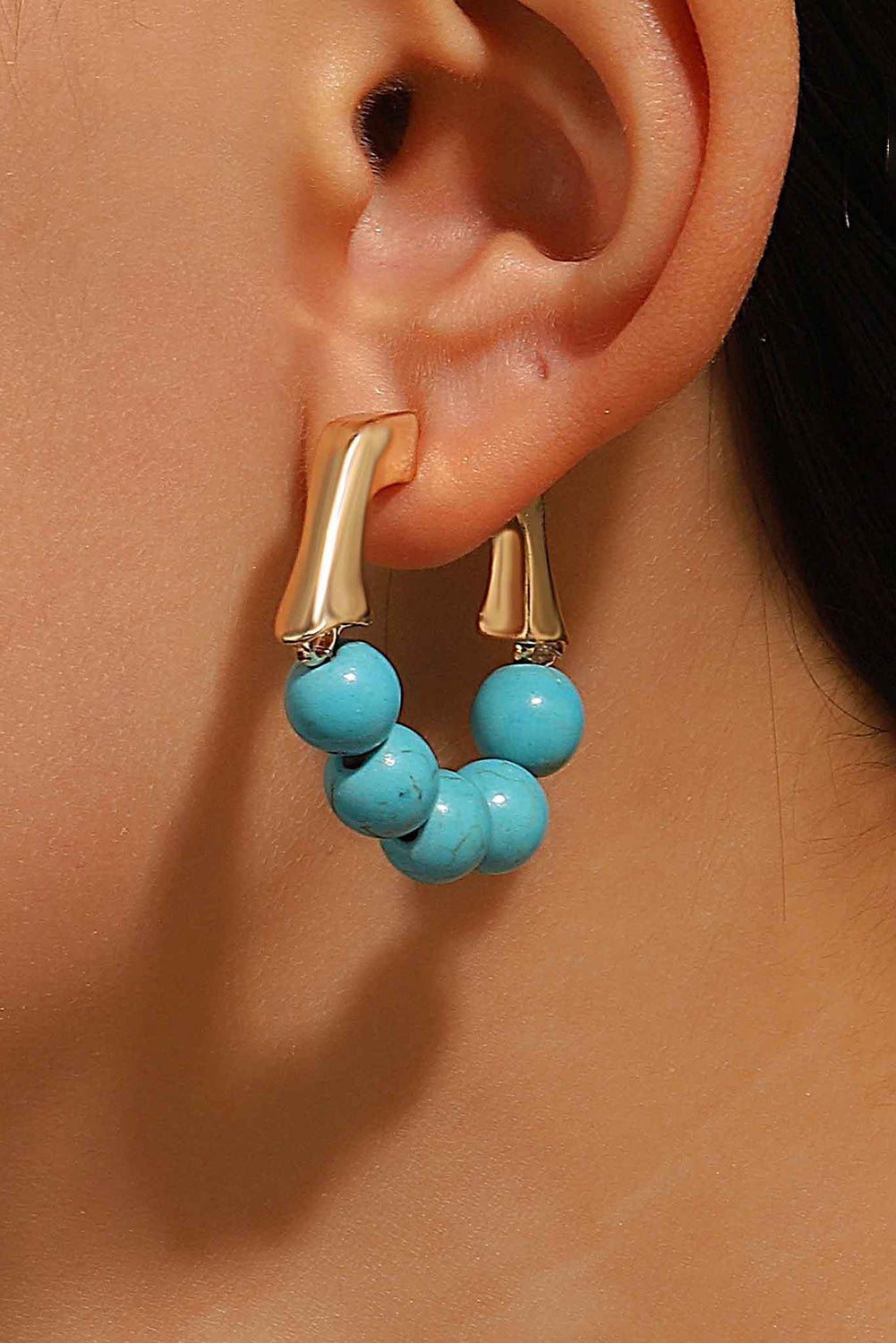 Gold Turquoise Bead Plated Alloy Hook Earrings - Threaded Pear