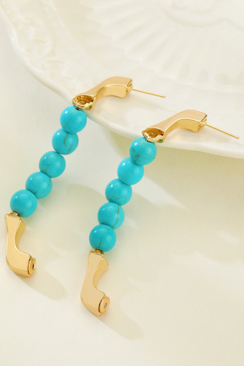 Gold Turquoise Bead Plated Alloy Hook Earrings - Threaded Pear
