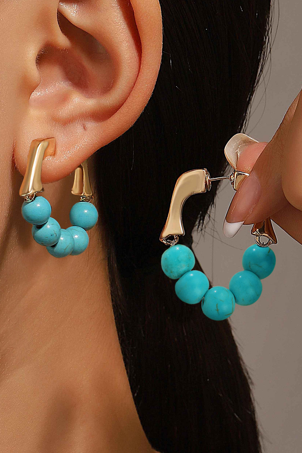 Gold Turquoise Bead Plated Alloy Hook Earrings - Threaded Pear