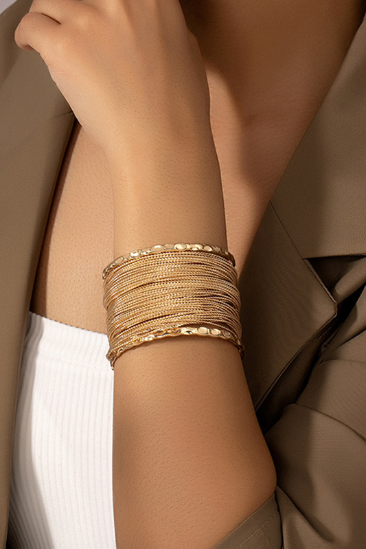 Gold Plated Chain Linked Wide Open Cuff Bracelet - Threaded Pear