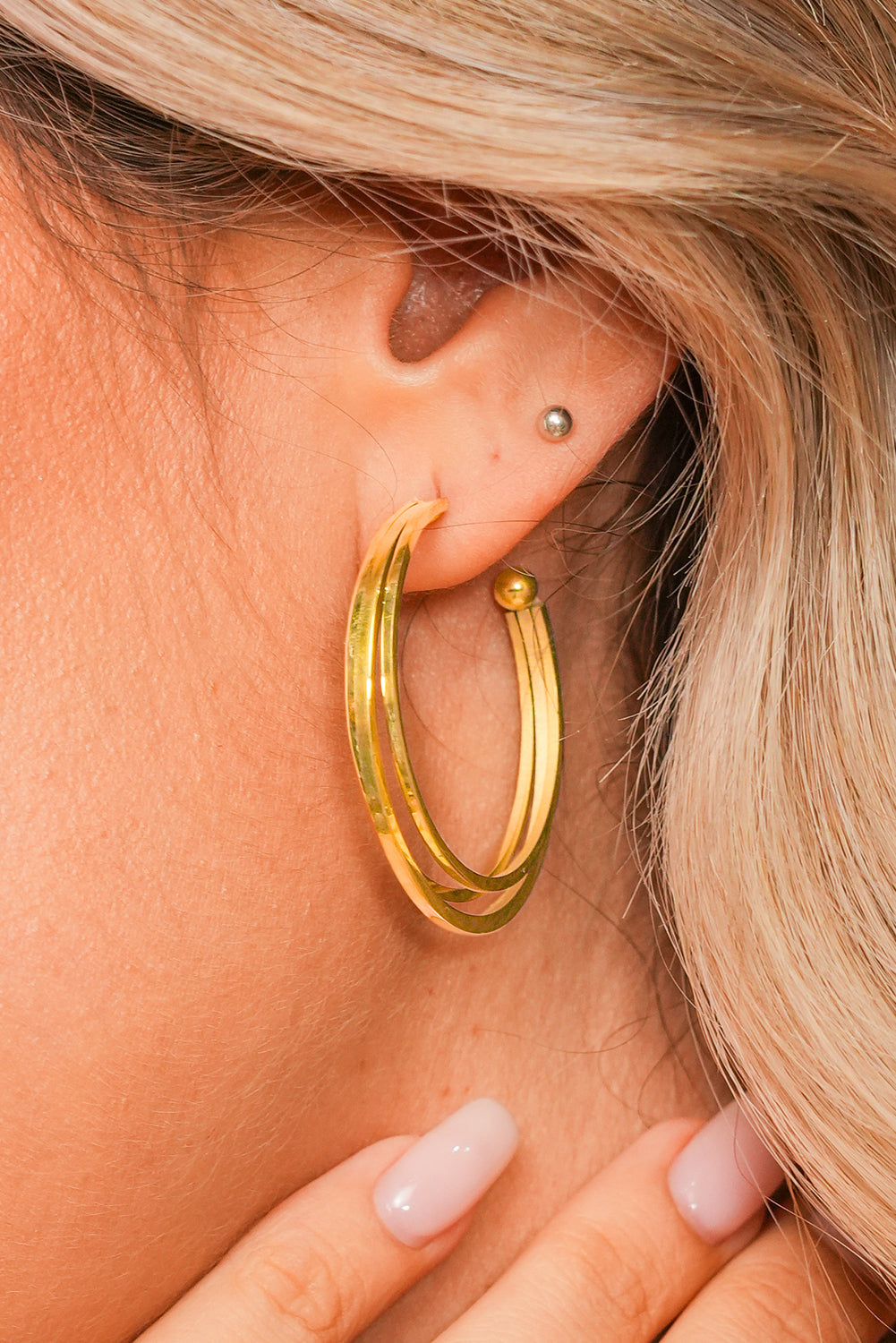 Gold Minimalist Triple Hoop Earrings - Threaded Pear