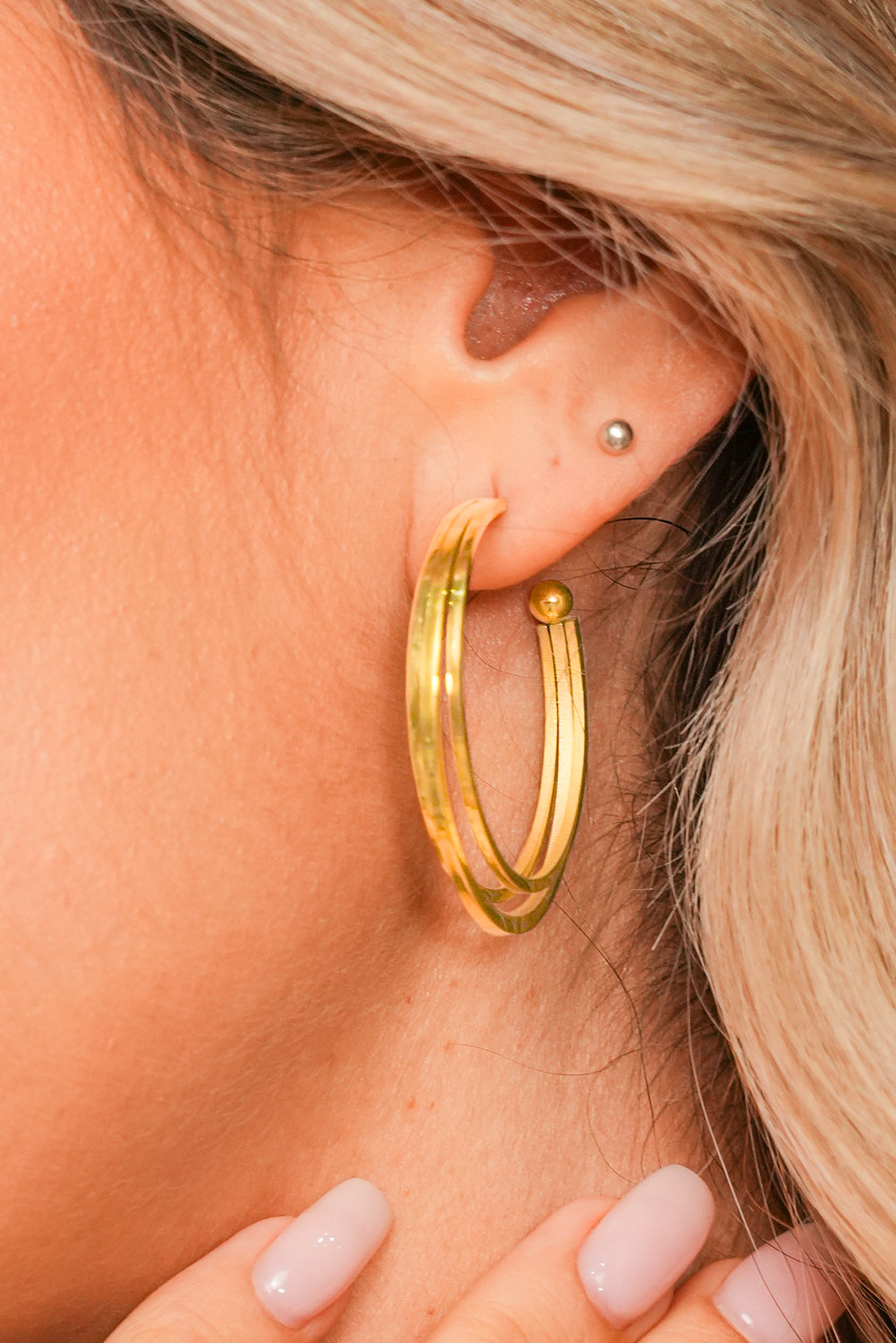 Gold Minimalist Triple Hoop Earrings - Threaded Pear