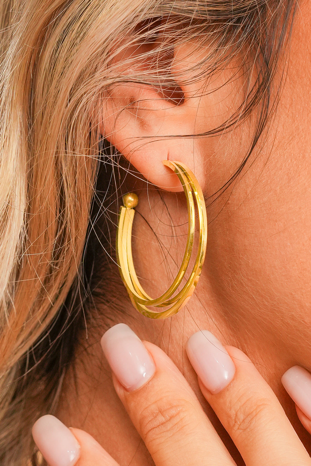 Gold Minimalist Triple Hoop Earrings - Threaded Pear