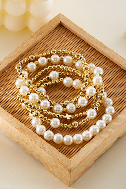 Gold Cross Pearls Decor Multi Layer Bracelets - Threaded Pear