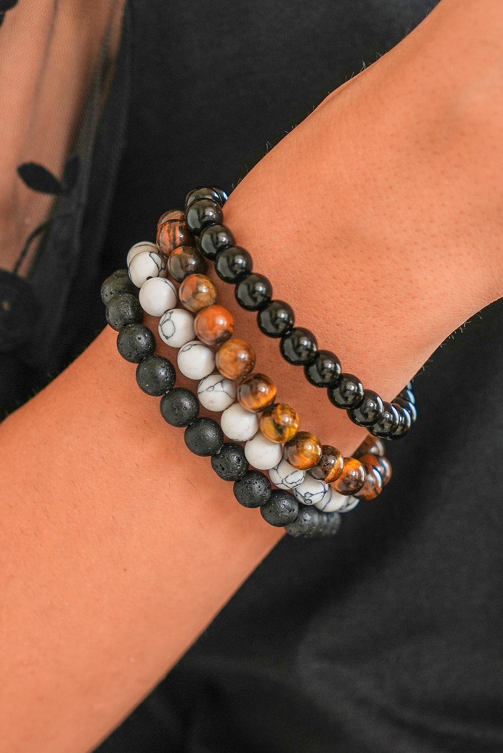 Black Retro Beaded Crystal 4pcs Bracelet Set - Threaded Pear