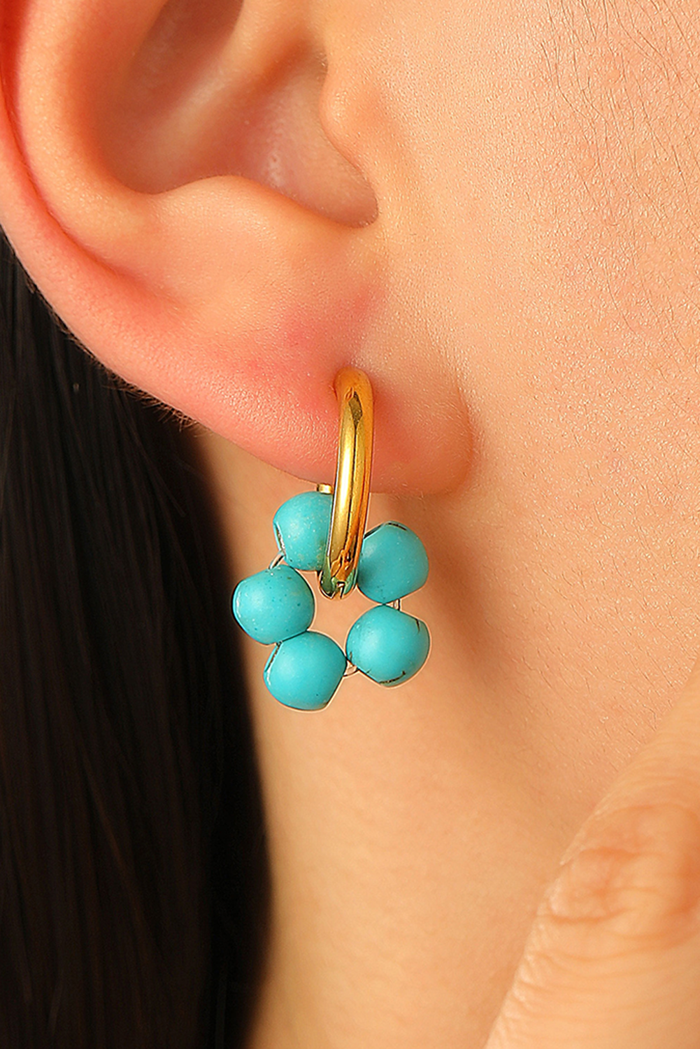 Turquoise Flower Shape Hoop Earrings - Threaded Pear