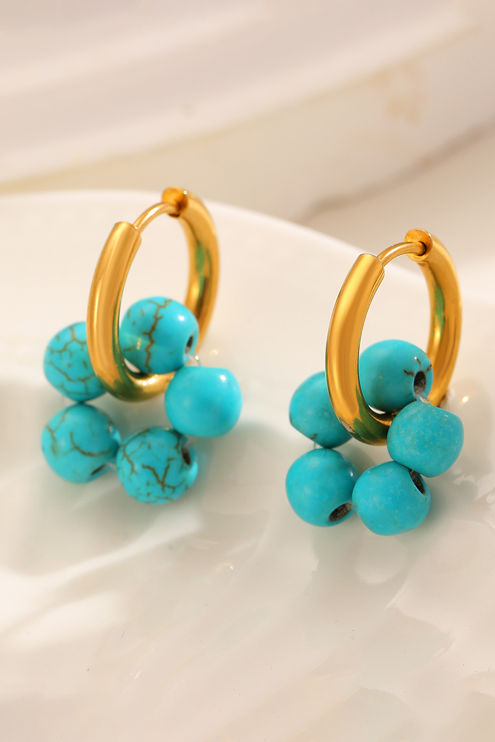 Turquoise Flower Shape Hoop Earrings - Threaded Pear