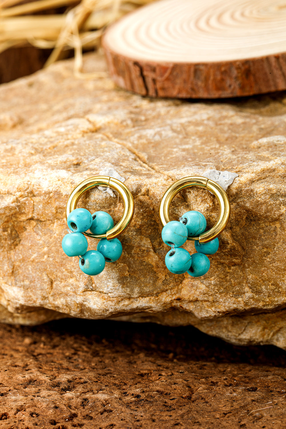 Turquoise Flower Shape Hoop Earrings - Threaded Pear