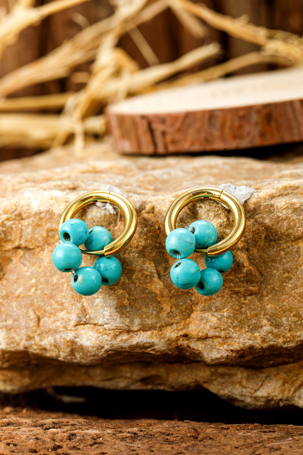 Turquoise Flower Shape Hoop Earrings - Threaded Pear