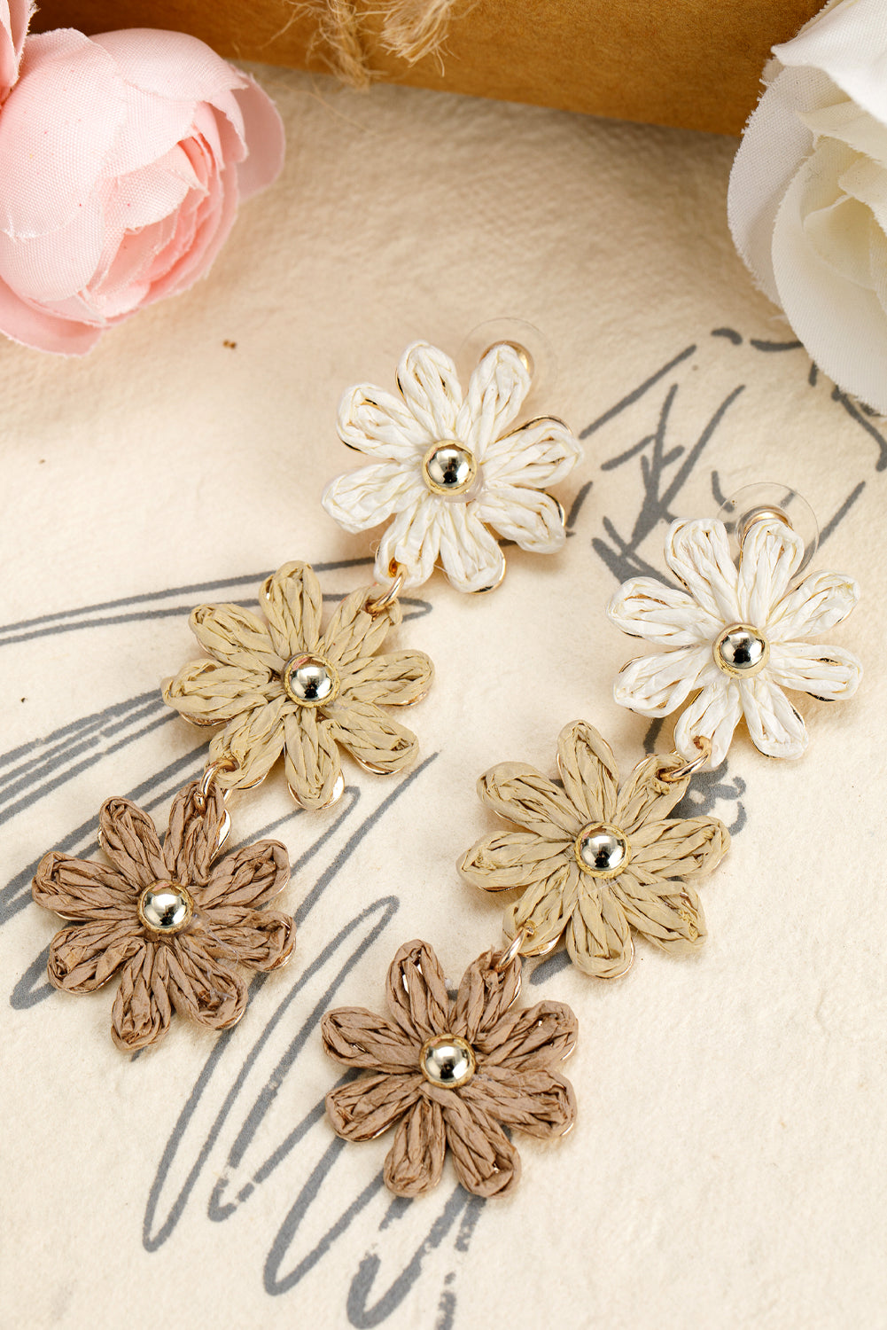 Crochet Flowers Stud Dangle Earrings - Threaded Pear