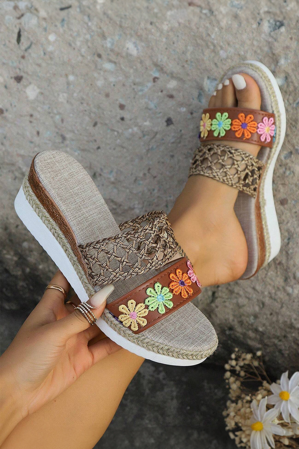 Floral Print Braided Details Wedge Slippers - Threaded Pear