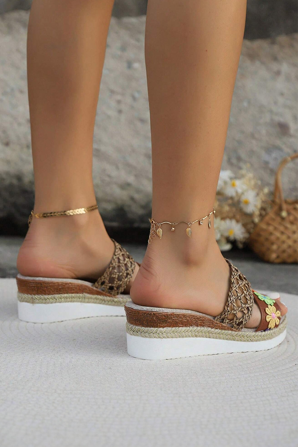 Floral Print Braided Details Wedge Slippers