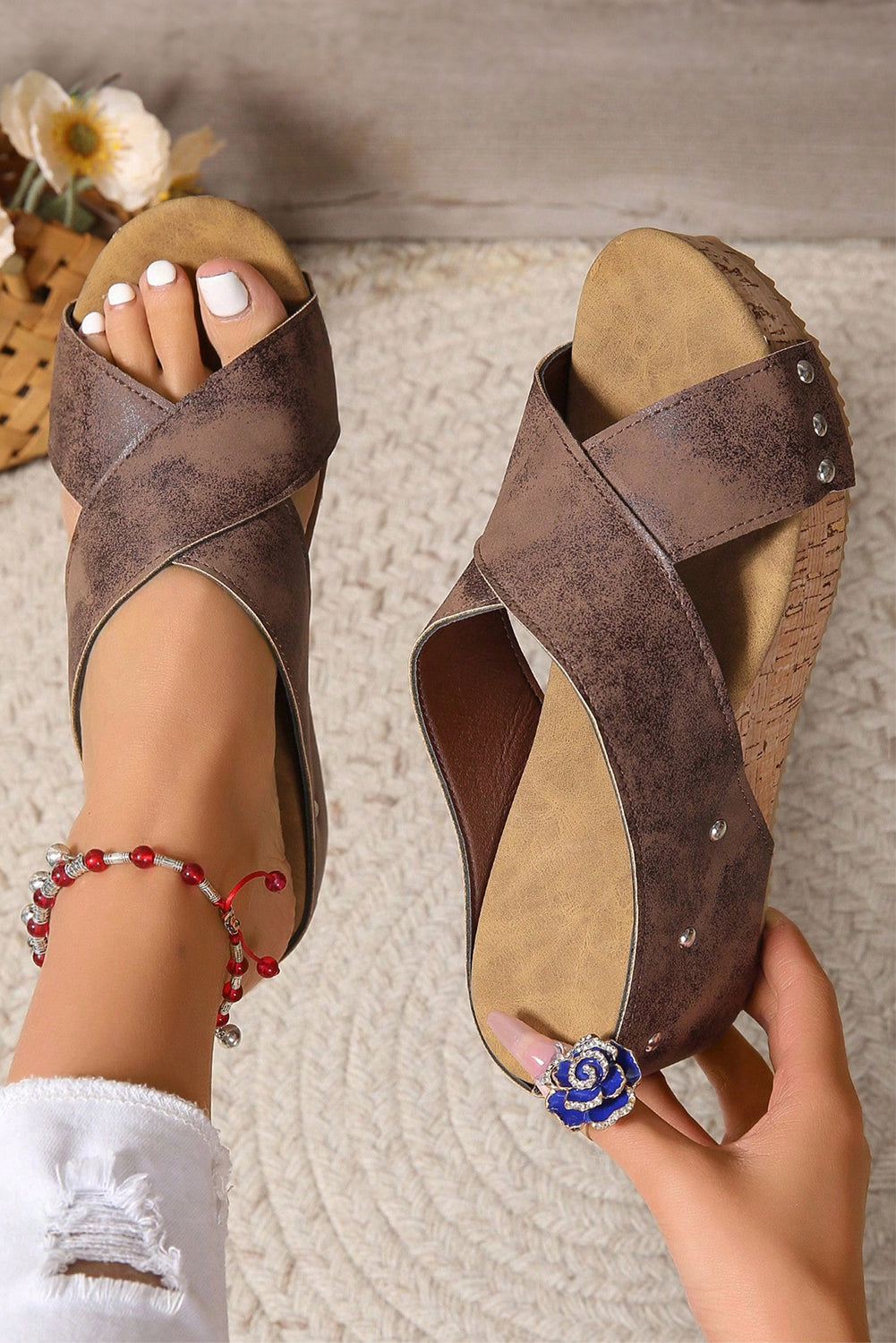 Wren Criss Cross Wedge Slippers - Threaded Pear