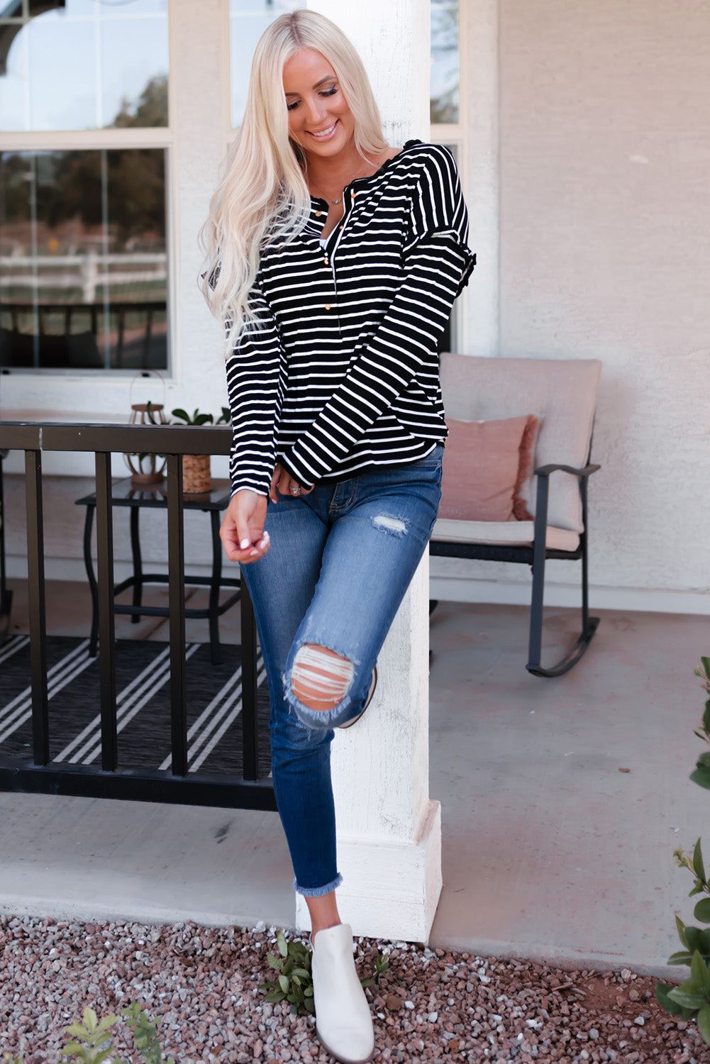 Emryn Striped Ruffled Buttoned Long Sleeve Top - Threaded Pear