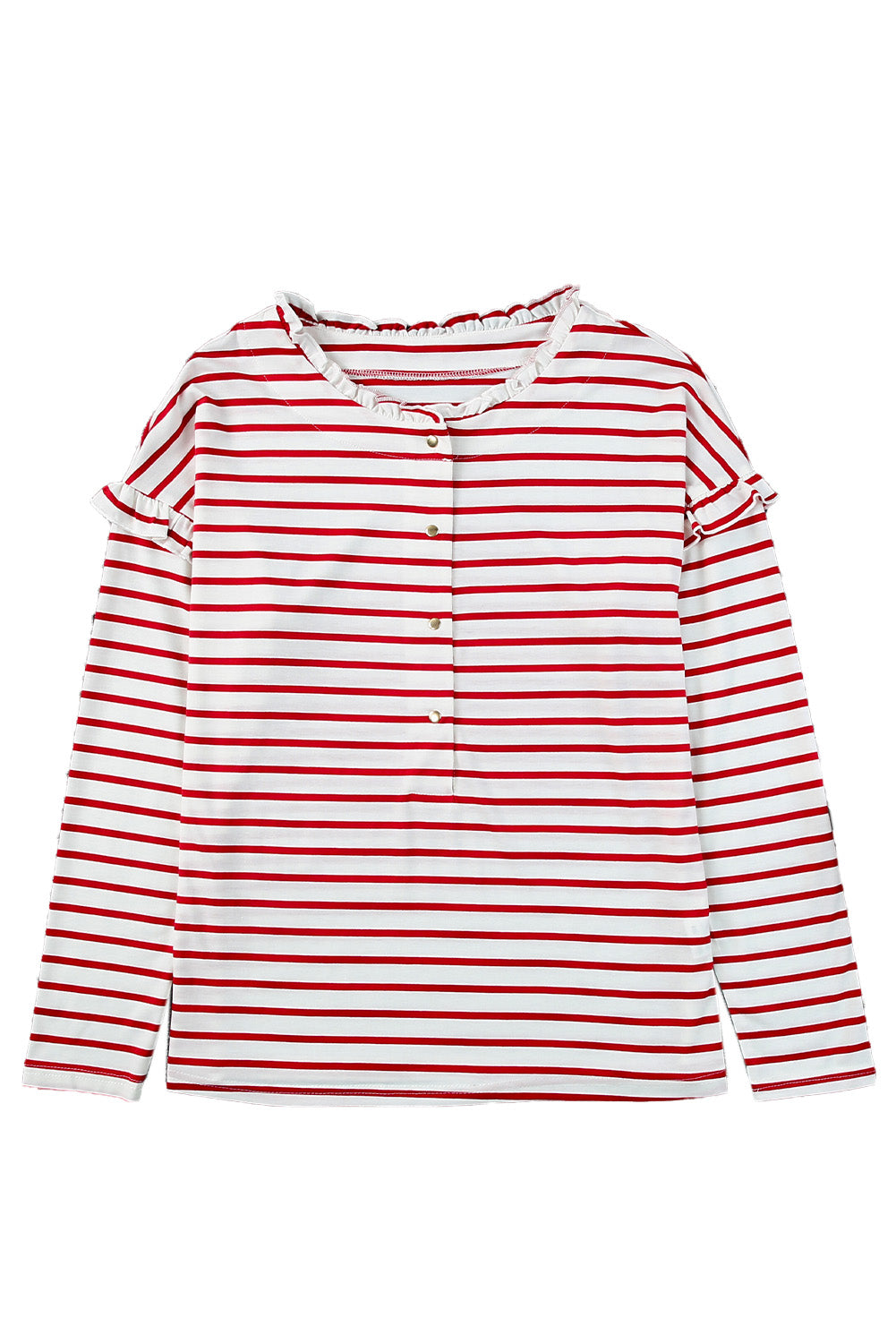 Emryn Striped Ruffled Buttoned Long Sleeve Top - Threaded Pear