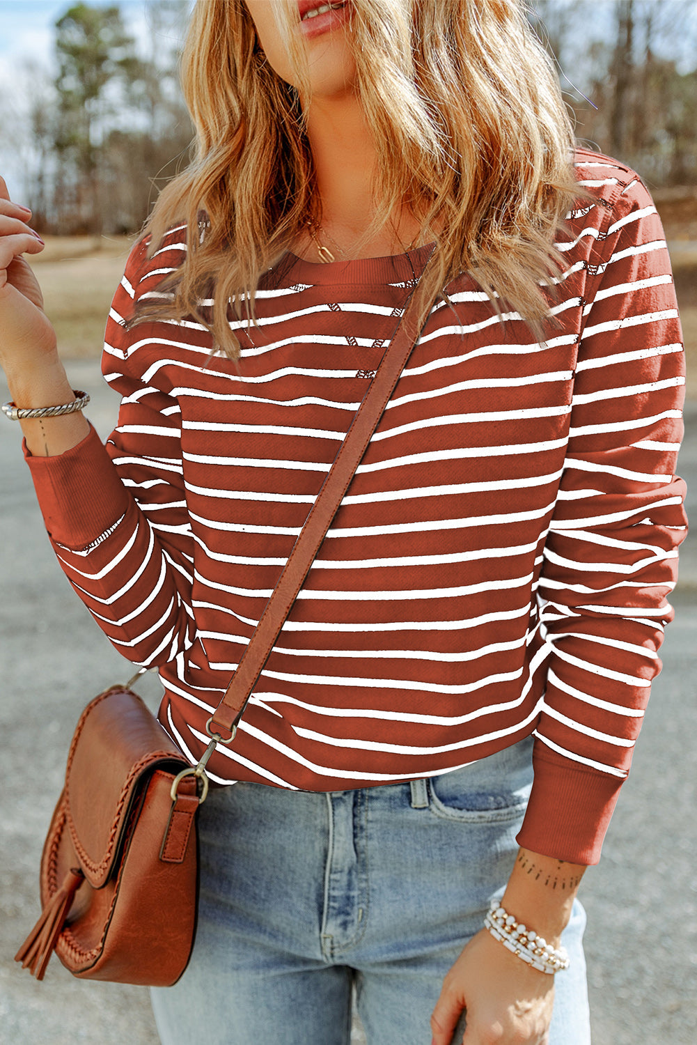 Hannah Striped Print Ribbed Trim Long Sleeve Top - Threaded Pear