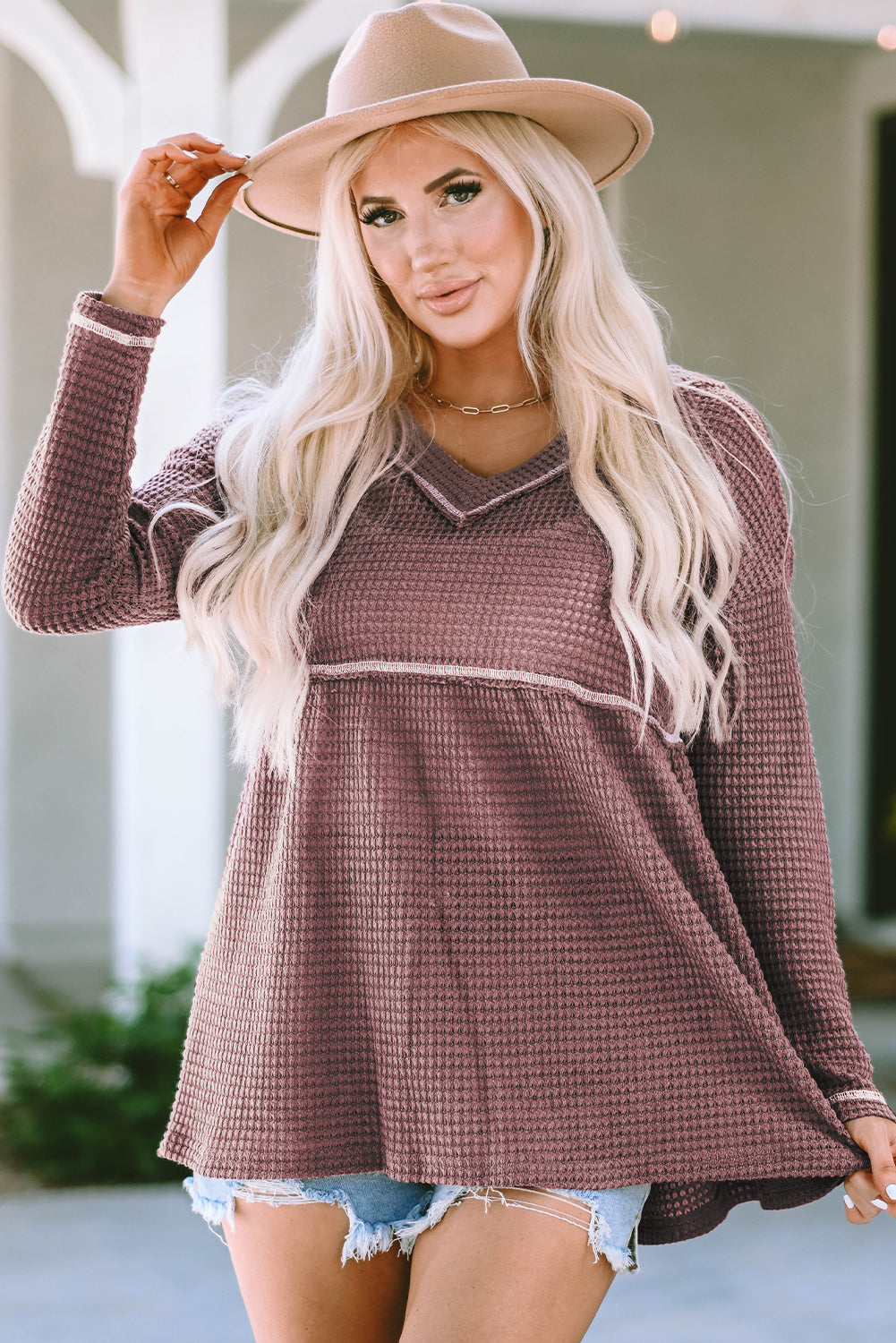 Liana Waffle Knit V Neck Long Sleeve Babydoll Top - Threaded Pear
