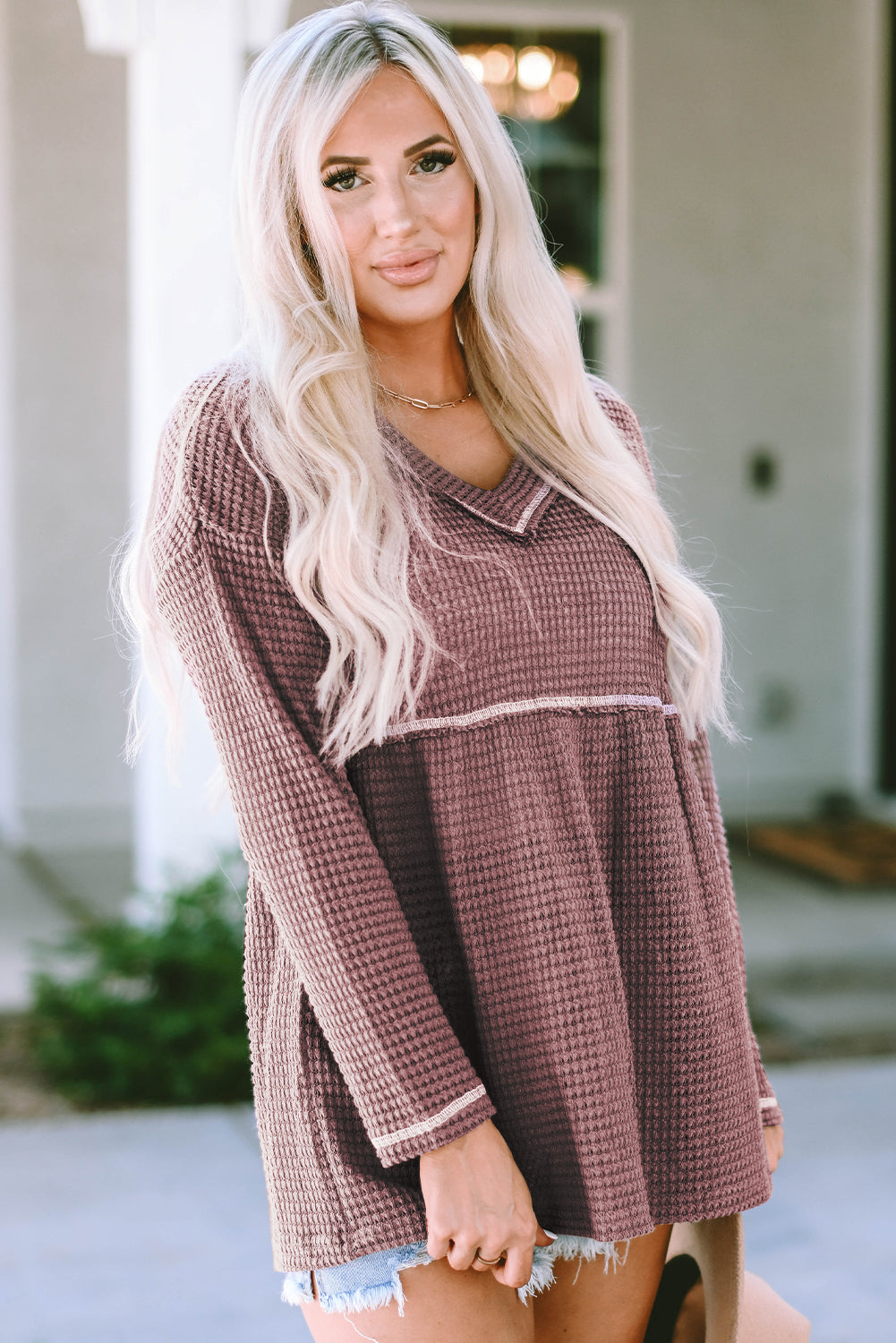 Liana Waffle Knit V Neck Long Sleeve Babydoll Top - Threaded Pear