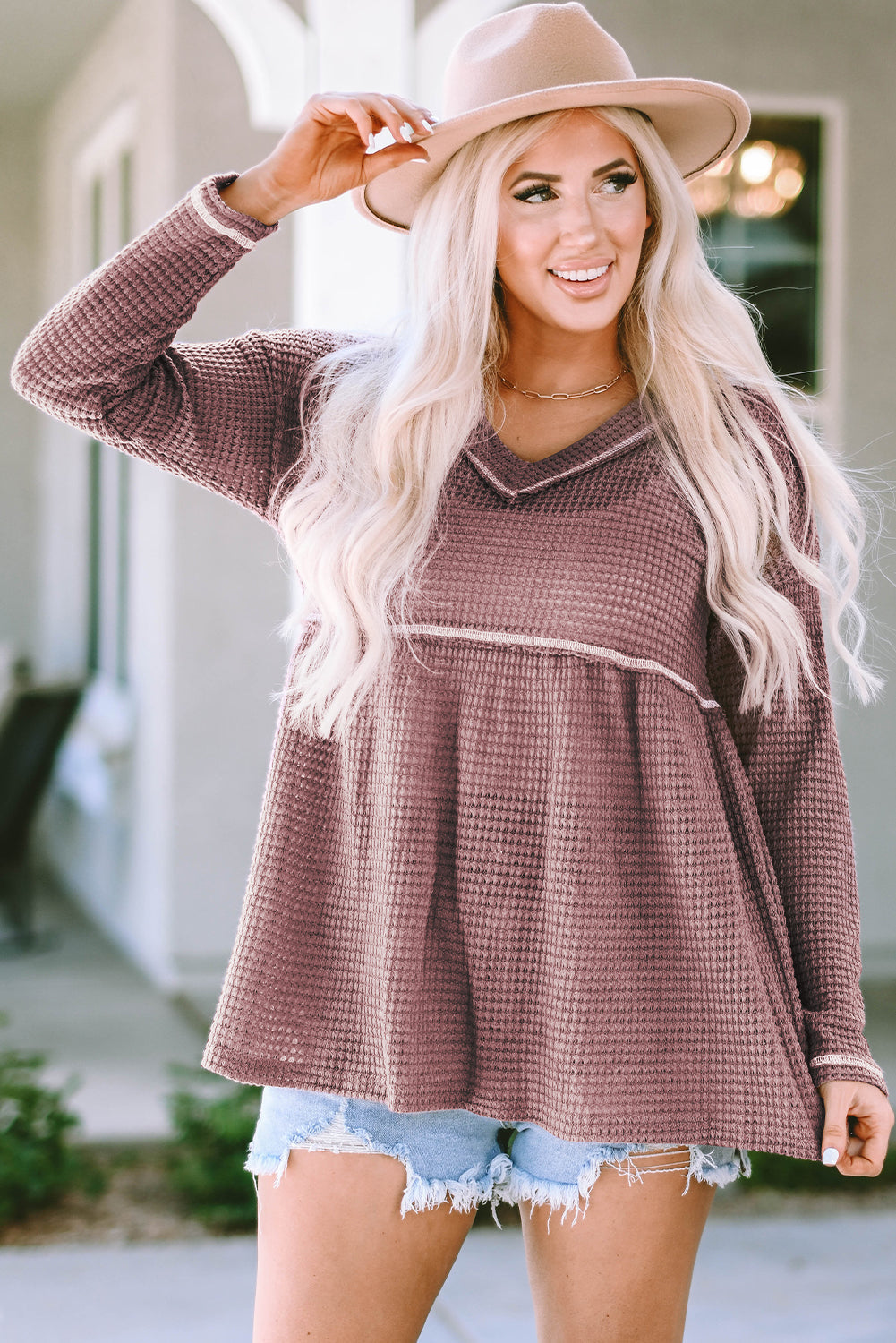 Liana Waffle Knit V Neck Long Sleeve Babydoll Top - Threaded Pear