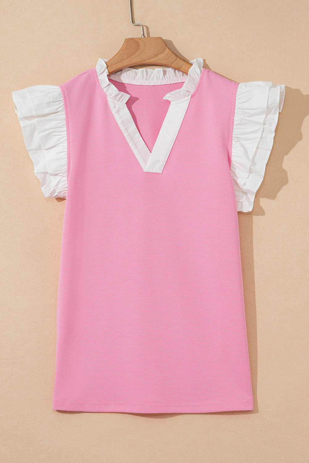 Serena Contrast V Neck Ruffled Textured Knit Top - Threaded Pear