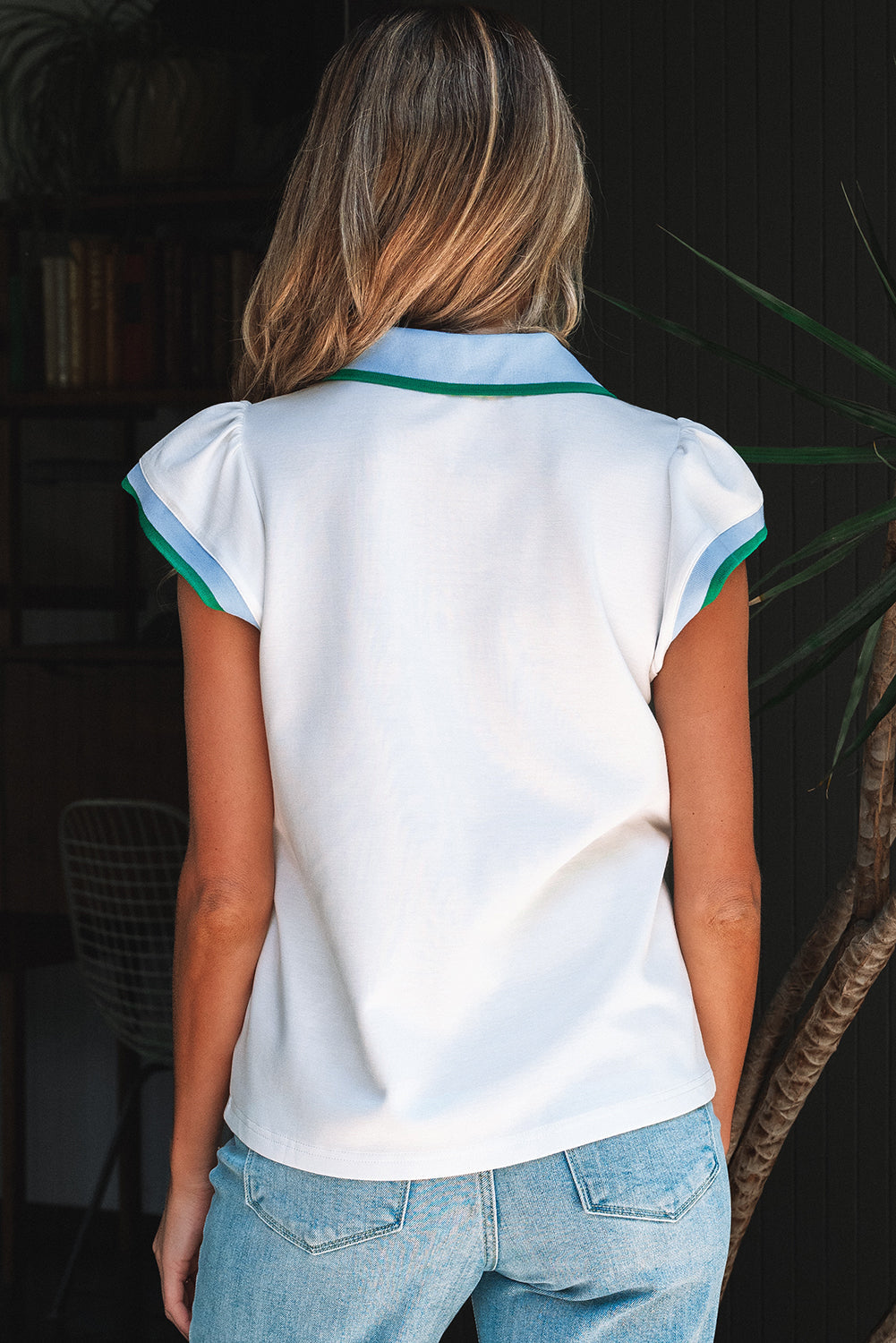 Candace Ruffled Sleeve Collared Blouse - Threaded Pear