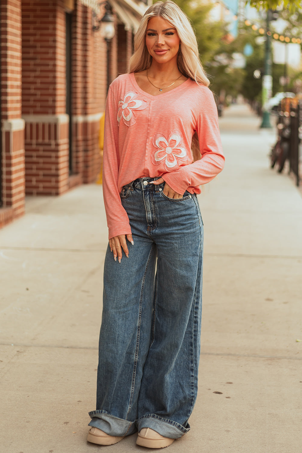 Emery Floral Patchwork V Neck Long Sleeve Top - Threaded Pear