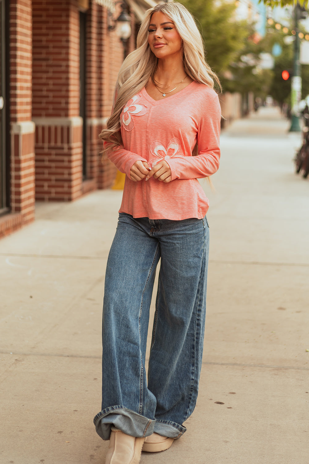 Emery Floral Patchwork V Neck Long Sleeve Top - Threaded Pear