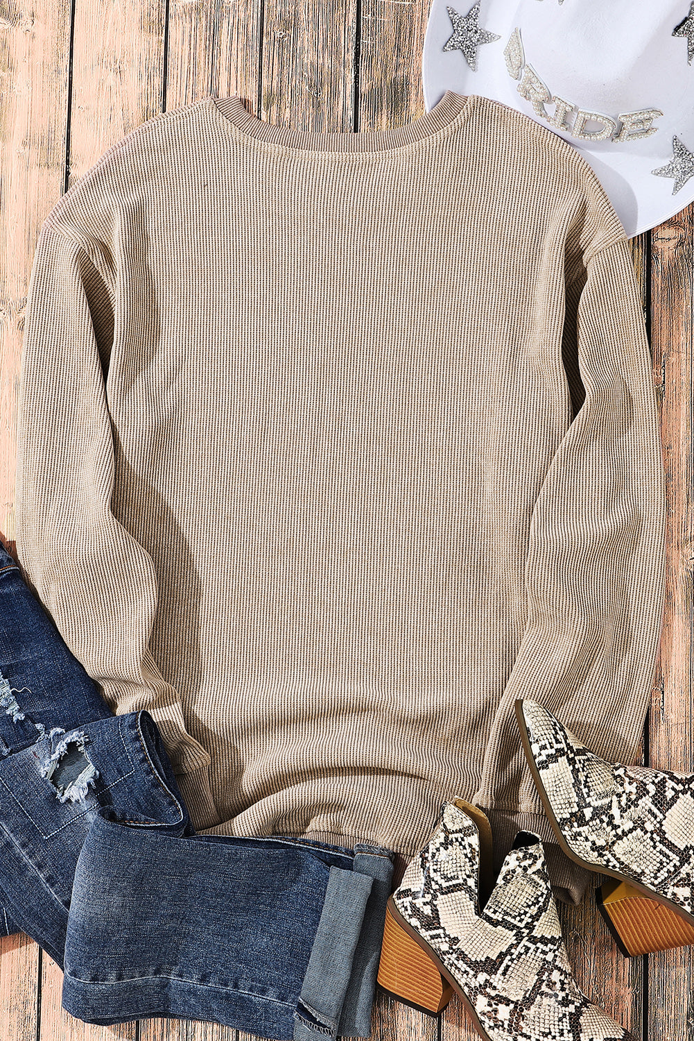 Faith Solid Ribbed Knit Round Neck Pullover Sweatshirt - Threaded Pear