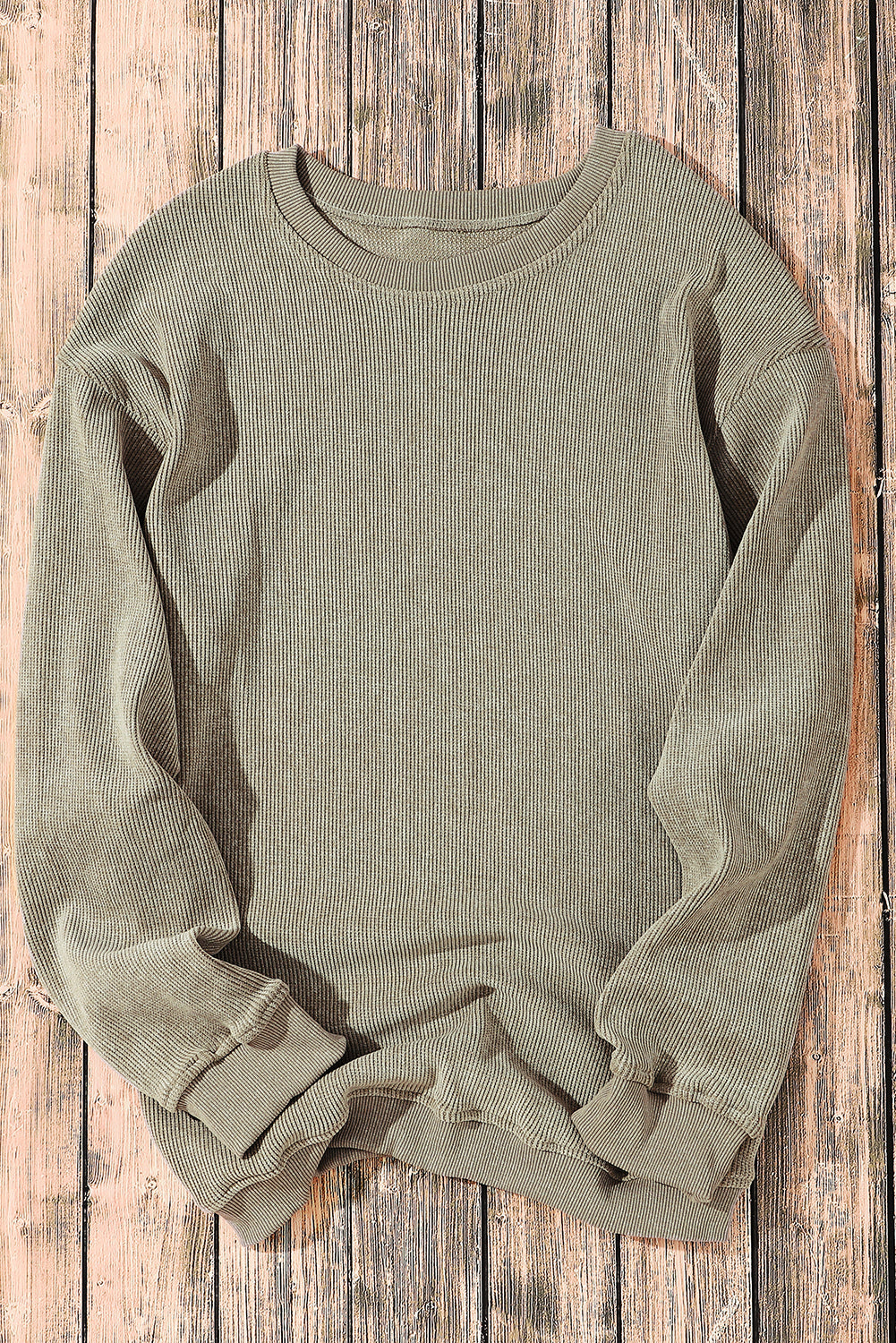 Faith Solid Ribbed Knit Round Neck Pullover Sweatshirt - Threaded Pear