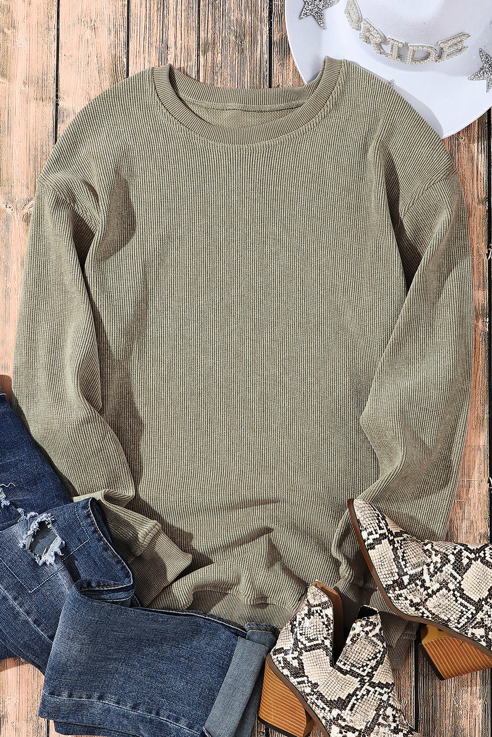 Faith Solid Ribbed Knit Round Neck Pullover Sweatshirt - Threaded Pear