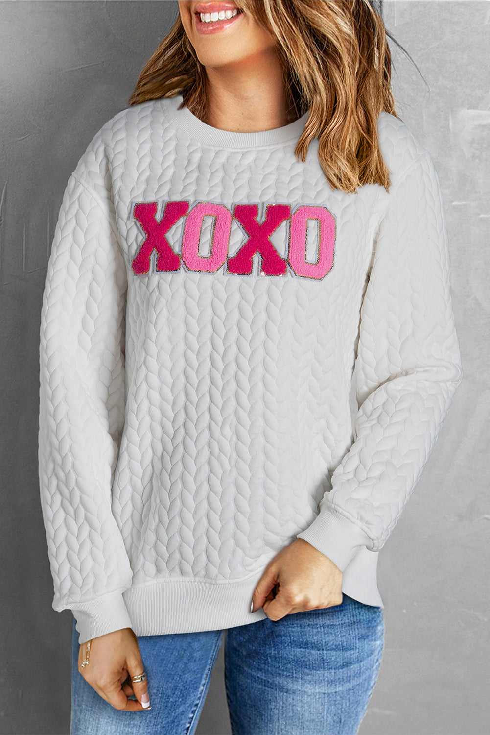 Logan XOXO Glitter Chenille Cable Knit Pullover Sweatshirt - Threaded Pear