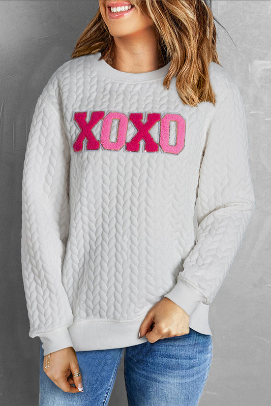 Logan XOXO Glitter Chenille Cable Knit Pullover Sweatshirt - Threaded Pear