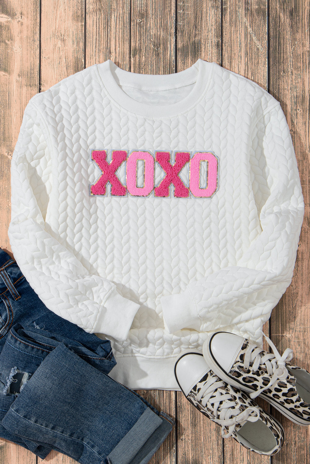 Logan XOXO Glitter Chenille Cable Knit Pullover Sweatshirt - Threaded Pear