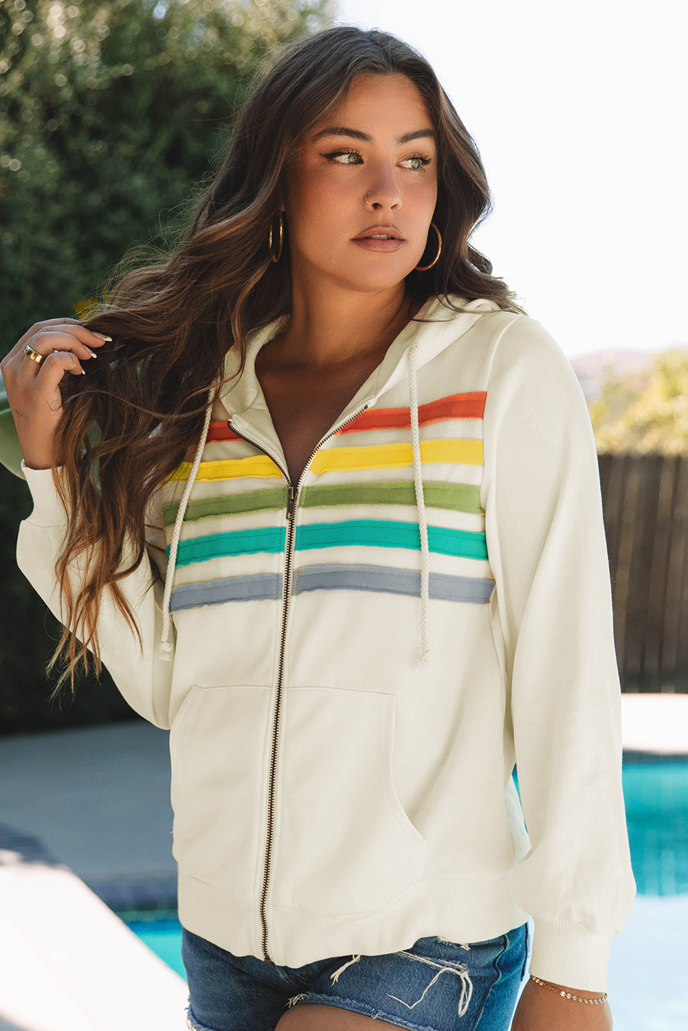 Daisy Striped Patchwork Zipper Hoodie - Threaded Pear