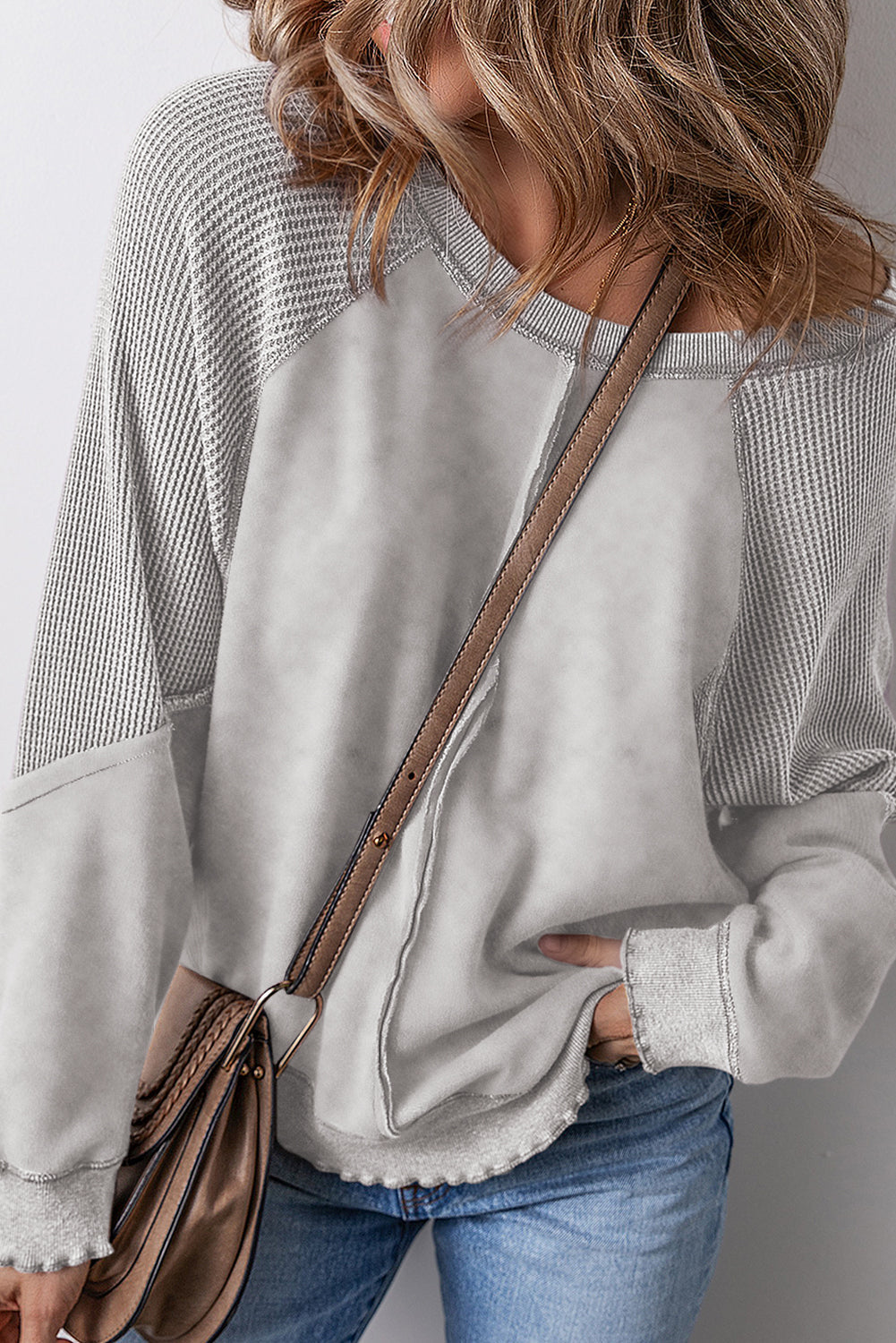 Jolie Waffle Exposed Seam Raglan Sweatshirt - Threaded Pear